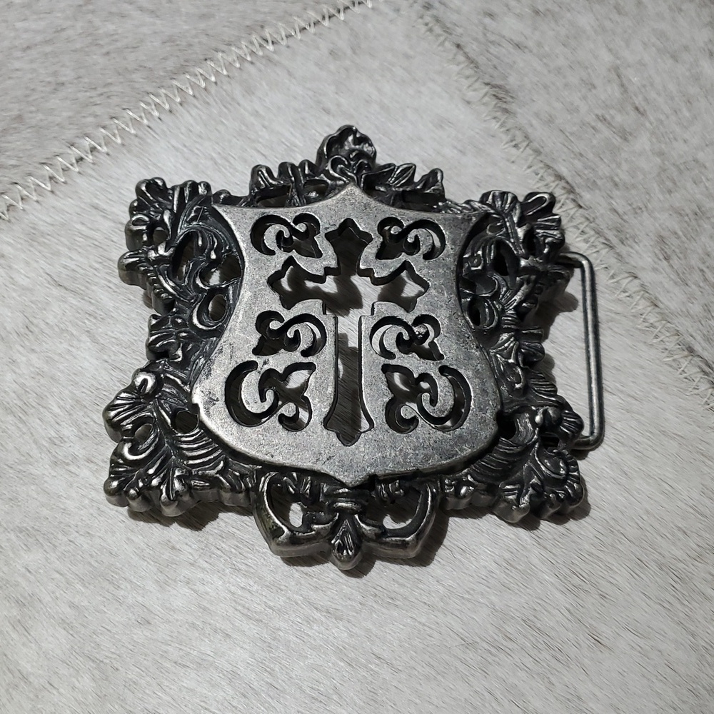 Ornate Cross Shield Goth Silver Tone Belt Buckle